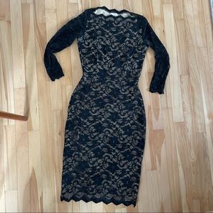 Black nude French lace long sleeve wiggle dress
